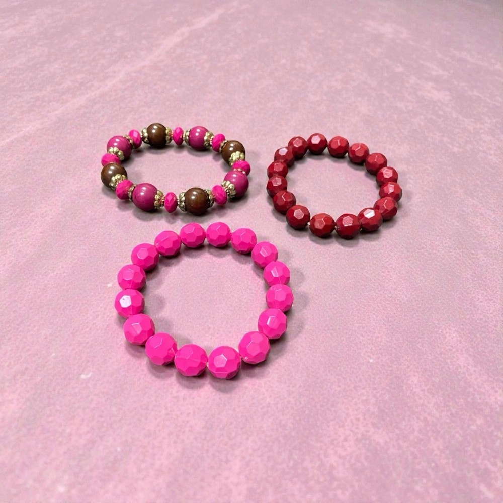 Elegant Pink and Red Beaded Stretch Bracelet Set